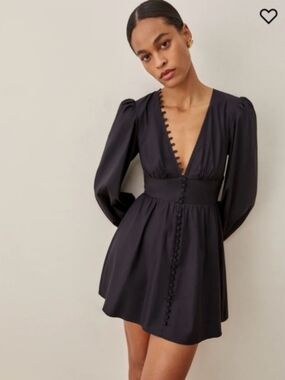 Reformation Caitie Dress Mini Black Button Front Size 10 Cotton
